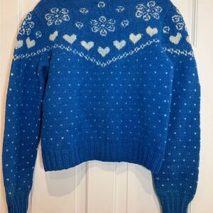 VINTAGE Hand Knit Heart Cute Print Sweater Women’s Small‎ Royal Blue With Hearts
